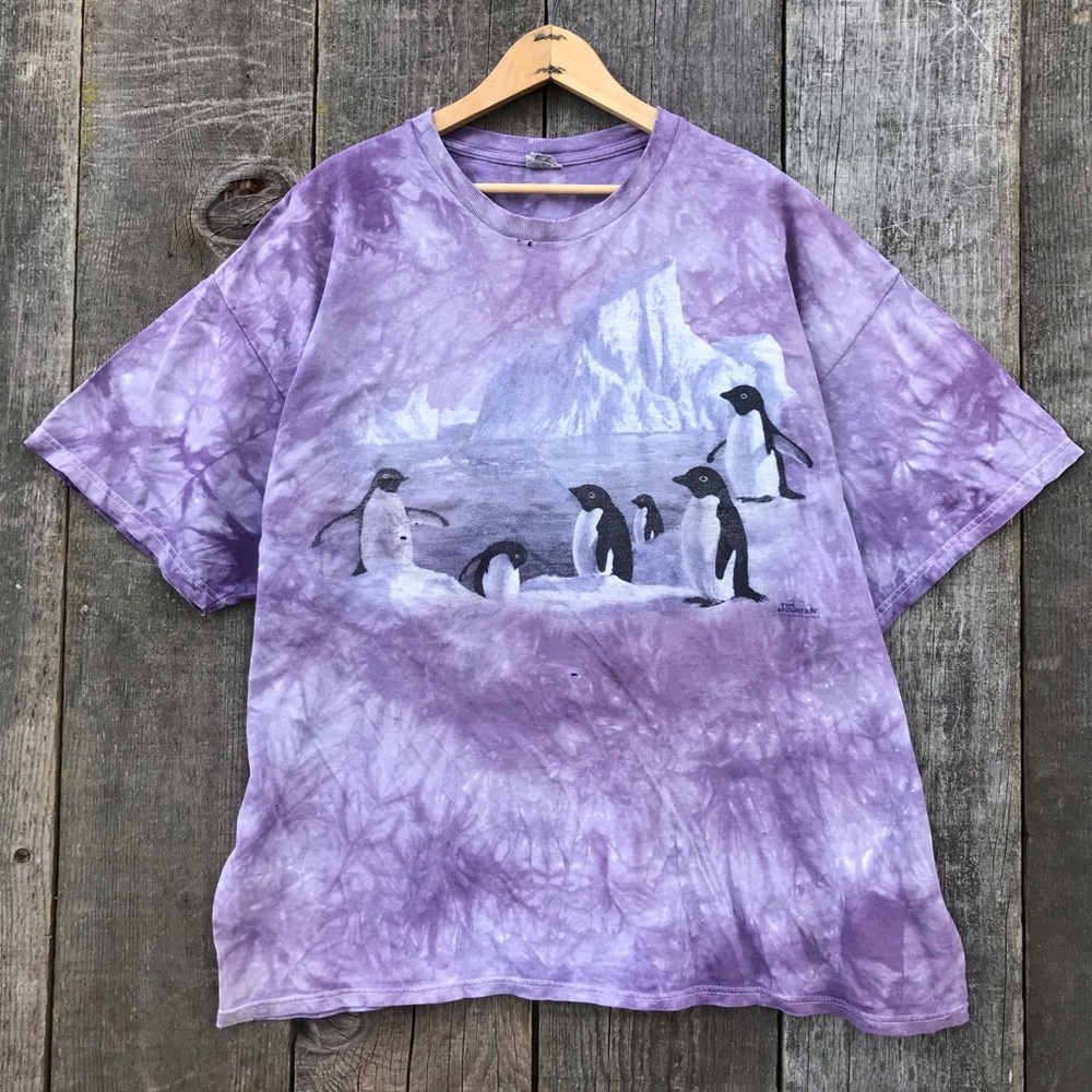 VTG 1999 Purple Tie Dye Penguin Scene Distressed T-Shirt The Mountain 2XL